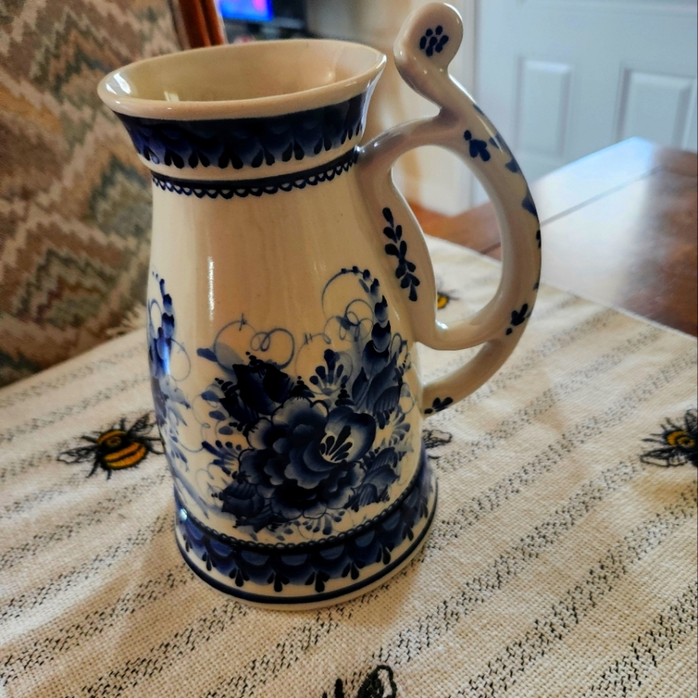 Blue and White Floral Ceramic Milk Pitcher Made In Russia